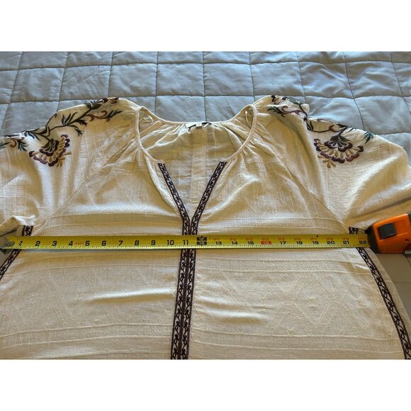 Lucky Brand Boho Peasant Top M White Embroidered Floral Long Sleeve Tunic Blouse - Picture 3 of 10